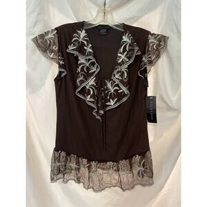 Silkland Blouse Boho Shirt Women’s Small Brown Embroidered Work Casual Lace NEW